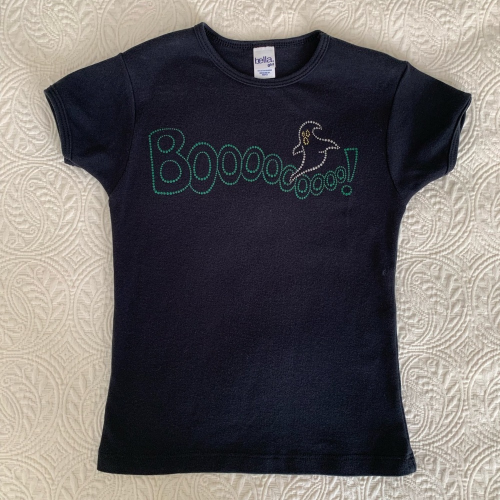 Bella Girl T-Shirt Boo Halloween Ghost Short Cap Sleeves Black Girls Size 10/12 - Picture 2 of 12